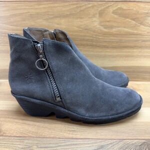 FLY LONDON Poro Gray Ankle Boots Womens 6.5 7 EU 37 Zipper Wedge Comfort Bootie